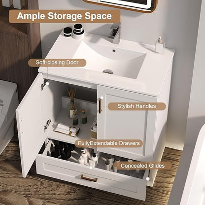 30 inch Bathroom Vanity with Sink, Modern White Vanity for Bathroom with Undermount Ceramic Sink, Freestanding 2-Door & 1-Drawer Storage Cabinet, for Small Bathroom Space, (White, 30")