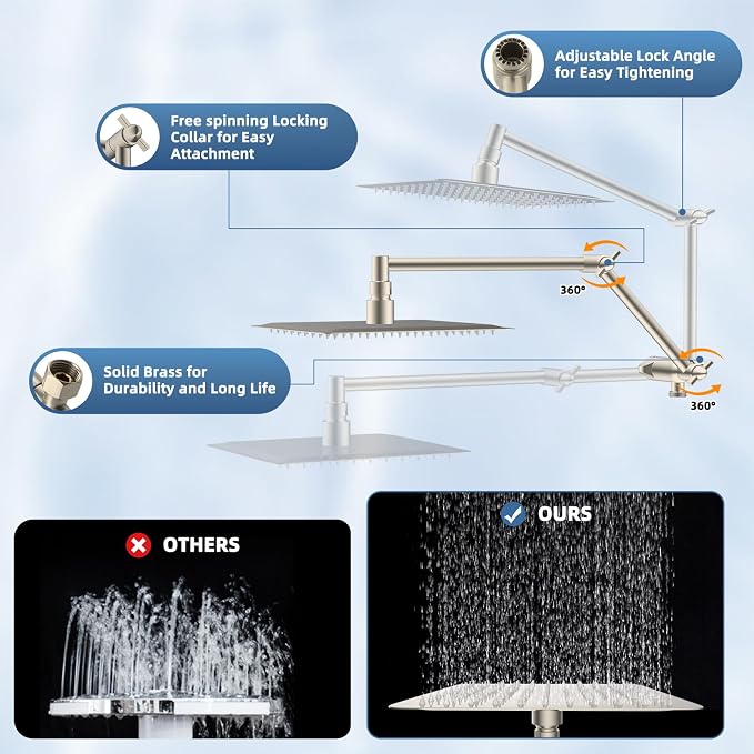 Metal Rain Shower Head with Handheld, 8” High-Pressure Showerhead,10-Mode | Brushed Nickel, Rainfall Shower Head with 5" Large Handheld, Adjustable 16" Shower Extension Arm/71" Hose, 3-Way Diverter