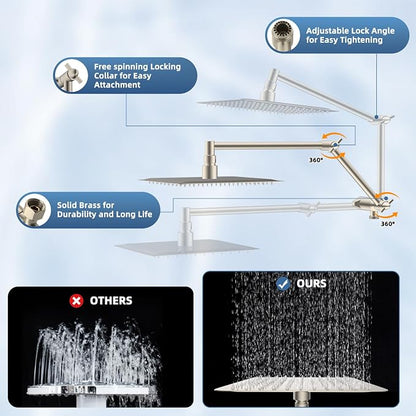 Metal Rain Shower Head with Handheld, 8” High-Pressure Showerhead,10-Mode | Brushed Nickel, Rainfall Shower Head with 5" Large Handheld, Adjustable 16" Shower Extension Arm/71" Hose, 3-Way Diverter