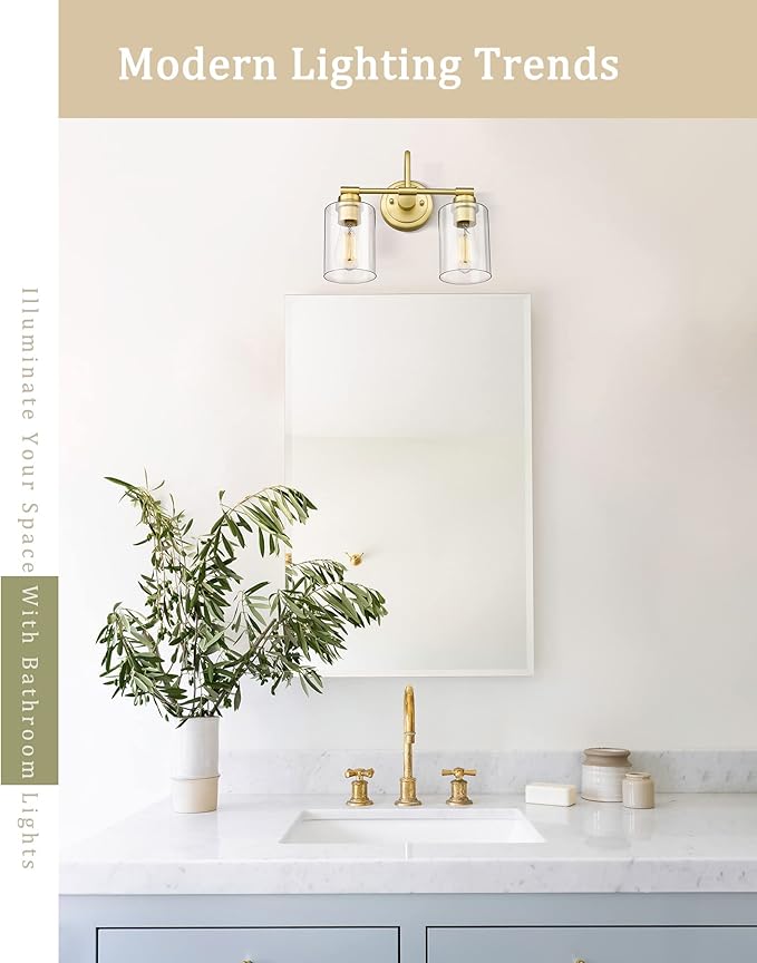 Brushed Gold Bathroom Light Fixtures, 2-Light Modern Bathroom Vanity Light Over Mirror with Clear Glass Shade, KW-7306-2