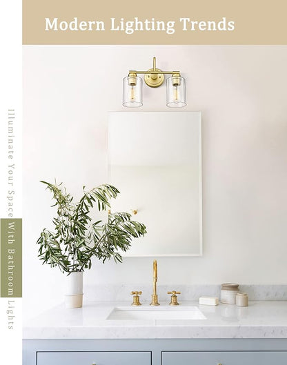 Brushed Gold Bathroom Light Fixtures, 2-Light Modern Bathroom Vanity Light Over Mirror with Clear Glass Shade, KW-7306-2