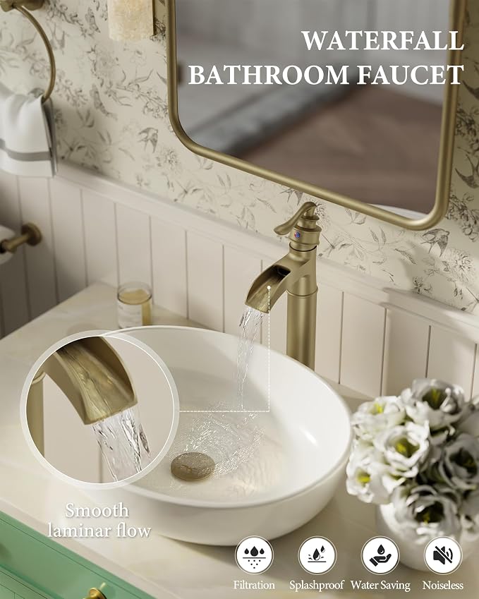 Homevacious Vessel Sink Faucet Brushed Gold Waterfall Tall Bathroom Faucet | Single Handle 1 Hole Bowl Sink Faucet with Pop Up Drain Assembly and Water Supply Hose Commercial Lavatory Mixer Tap