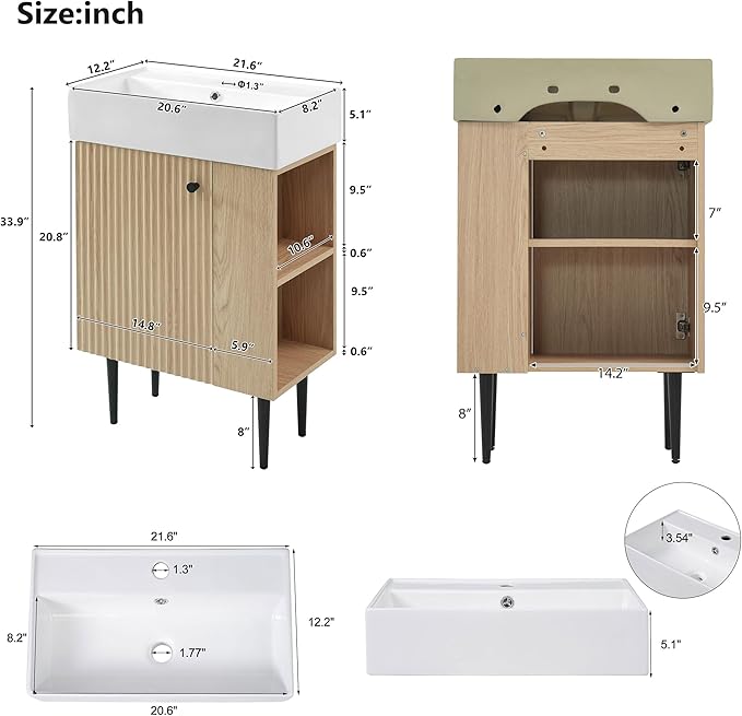 22" Small Bathroom Vanity with Sink, Morden Bathroom Vanities with Soft-Close Door and Open Shelf, Freestanding Narrow Vanity for Compact Space-Saving Bathrooms (Wood,22" Freestanding Right Shelf)