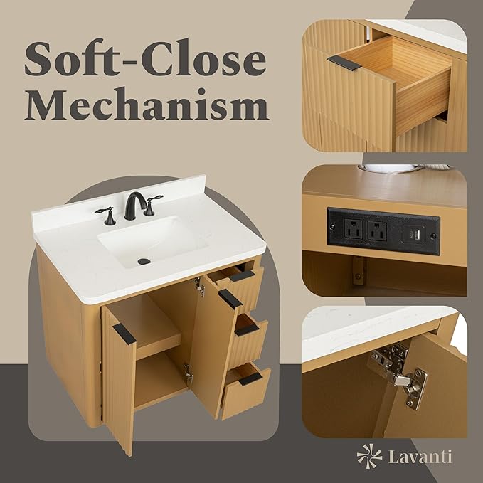 Lavanti Wooderna 36 Inch Bathroom Vanity with Sink – Stylish Firwood Oak Vanity Bathroom with Storage Cabinet – Modern Bathroom Vanities with Single Vanity Sink & Quartz Countertop