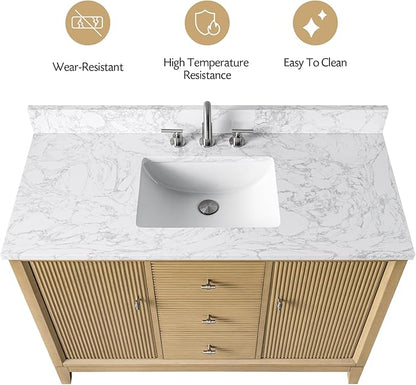 Vanity Art 48" Bathroom Vanity with Single Sink & Arabescato White Engineered Stone Top, Vanity Cabinet with Soft Closing Door, Solid Wood Frame, Golden Brushed Handles, Natural Oak VA8148-NO-GB