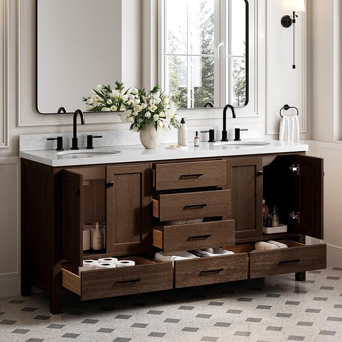 ARIEL Cambridge 72-inch Bathroom Vanity with Sink,Solid Wood, 1.5-inch Italian Carrara Marble Countertop, Double Oval Porcelain Sink, 4 Soft Closing Doors, 6 Dovetail Drawers, Brown Oak