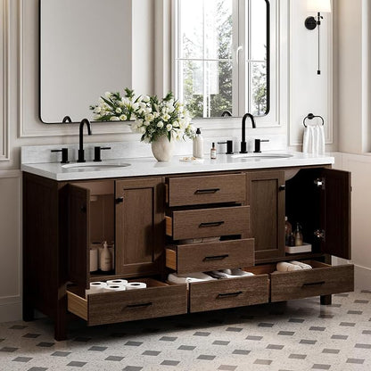 ARIEL Cambridge 72-inch Bathroom Vanity with Sink,Solid Wood, 1.5-inch Italian Carrara Marble Countertop, Double Oval Porcelain Sink, 4 Soft Closing Doors, 6 Dovetail Drawers, Brown Oak