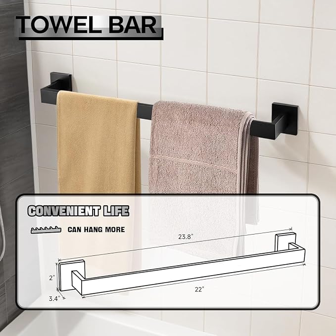 10-Piece Matte Black Bathroom Hardware Accessories Set Including 23.6 Inch Bath Towel Bar, Towel Rings, Bath Toilet Paper Holders, Robe Towel Hooks Set for Bathroom Stainless Steel Wall Mounted