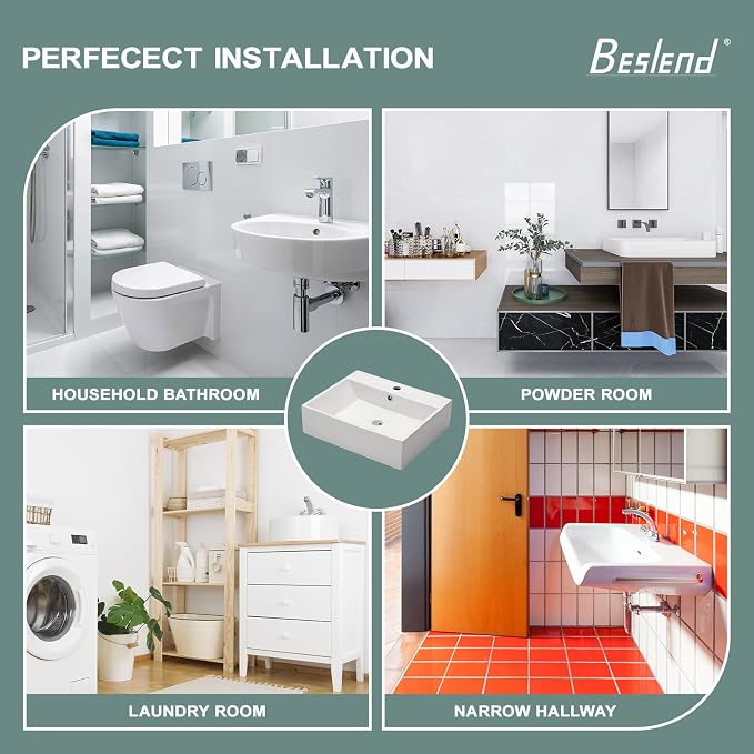 Floating Wall Mount Sink | Beslend 20"x17" Inch White Ceramic Vessel Sinks, Rectangular Art Basin with Single Hole, Small Space-Saving Bathroom Sink