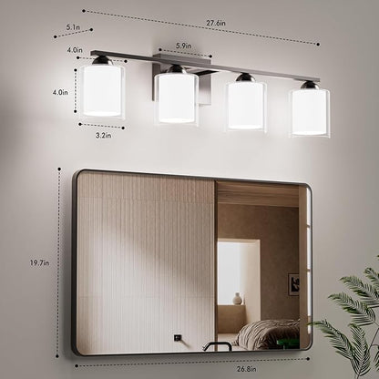 Quntis 4 Light Brushed Nickel Bathroom Light Fixtures, Modern Vanity Lights Over Mirror with 5 Colors & Stepless Dimmable, 27 Inch LED Bathroom Lighting with Milk White Frosted Glass (Bulbs Included)