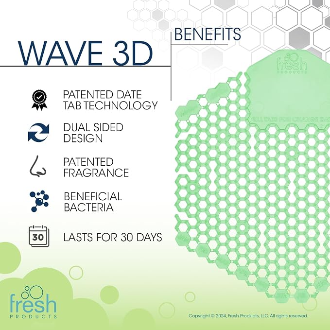 Fresh Products Wave 3D Urinal Screen Deodorizer, Cucumber Melon, 10 packs | Anti-Splash Shield For Men Bathroom, 30-Day Odor Control With Beneficial Bacteria, Easy Double-Sided Install, Made In USA