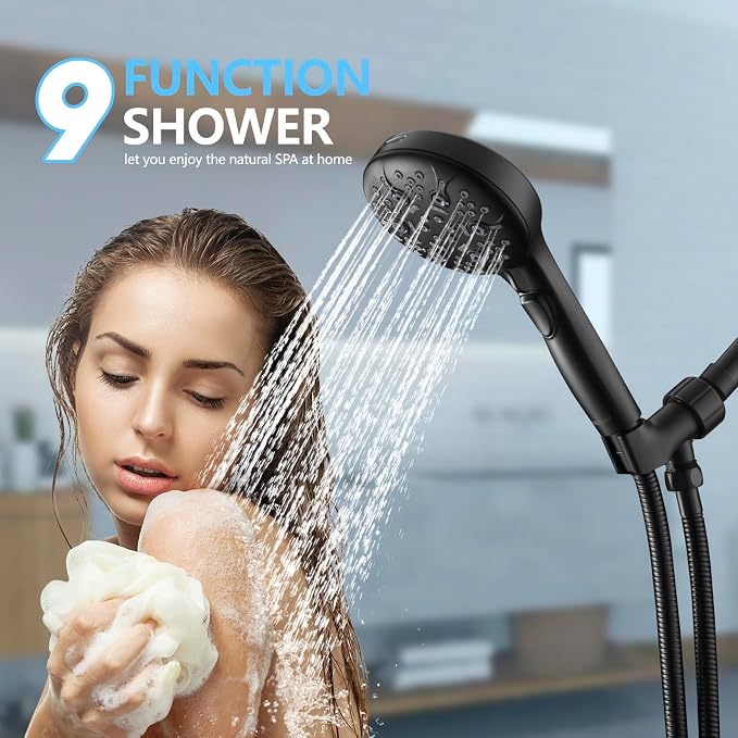 Shower Head with Handheld, 9-Setting High Pressure Shower head with handhelds, Built-in Handheld Power Spray, 79in Extra Long Stainless Steel Hose & Shower Head Holder (Matte Black)