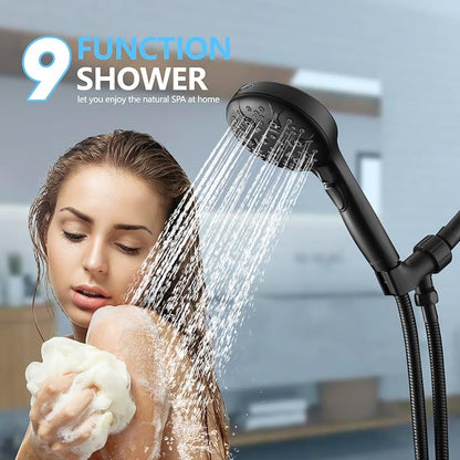 Shower Head with Handheld, 9-Setting High Pressure Shower head with handhelds, Built-in Handheld Power Spray, 79in Extra Long Stainless Steel Hose & Shower Head Holder (Matte Black)