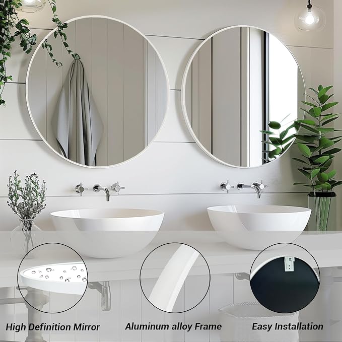 Round Mirror 38 inch, White Circle Mirror, Matte White Metal Frame | Matte White Metal Frame, High Definition, Waterproof, Easy Installation, Suitable for Dressing Room, Cloakroom, Bedroom,