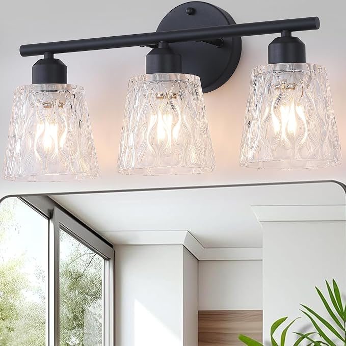 3-Light Black Bathroom Vanity Light Over Mirror, Modern Wall-Mounted Fixture with Textured Glass Shades and Stainless Steel Construction, E26 Sockets (Bulbs Not Included)