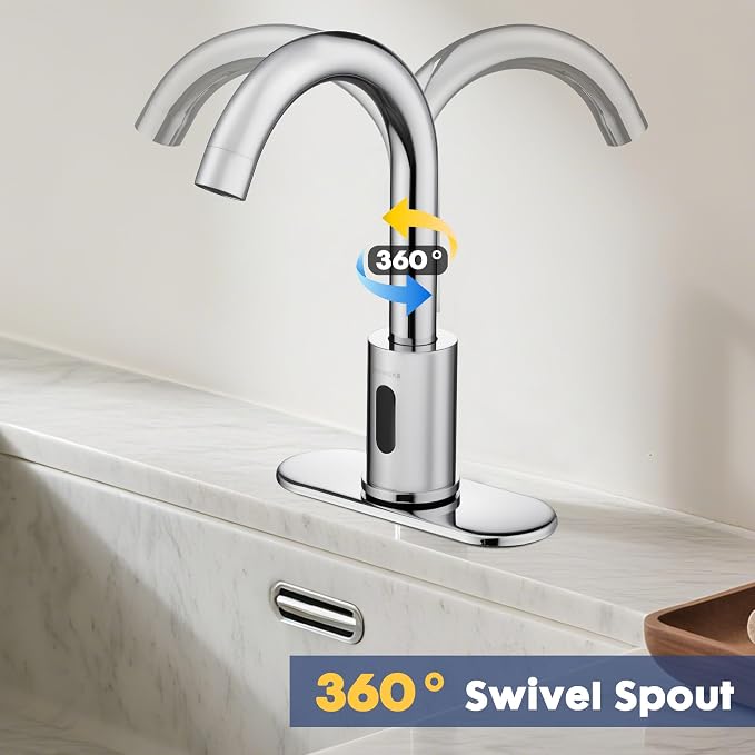 Touchless Bathroom Faucets for 1 or 3 Hole, Tall Body Automatic Bathroom Sink Faucets with Deck Plate,Silver Motion Sensor Commercial Faucets for Bathroom&Kitchen,360° Swivel Spout,Chrome