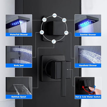 MENATT 5 in 1 Stainless Steel Shower Panel Black Tower System with LED Lights, Rainfall Waterfall Shower Head, Multi Function Shower System with Body Jets and Bath Tub Spout, Matte Black