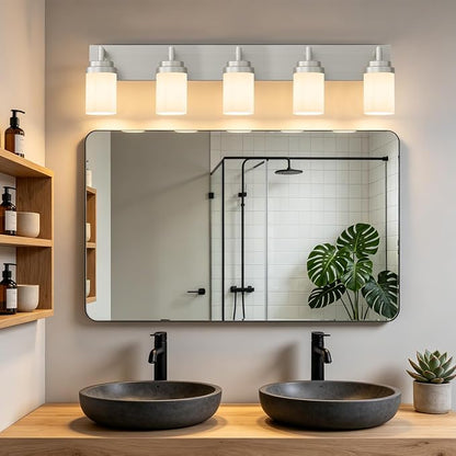 Bathroom Light Fixtures, Brushed Nickel Bathroom Lighting Fixtures Over Mirror, Modern Vanity Light with White Glass Shade, Restroom Lighting Fixtures, 5-Light 36-inch
