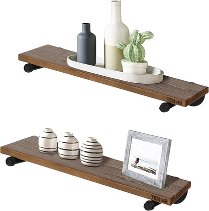 TEN49 Real Wood Rustic Floating Shelves Wall - 24 Wide Small Wooden Industrial Pipe Shelving - Farmhouse Pipe Wall Shelves Furniture Bathroom Decor Art Shelf Kitchen - Dark Espresso Color - Set of 2