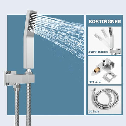 Shower System with Body Jets, Bostingner Shower Faucet Set 12" Rain Shower Head with Handheld Spray, Can Use at Same Time, 3 Way Push Button Diverter Shower Set Complete, Brushed Nickel