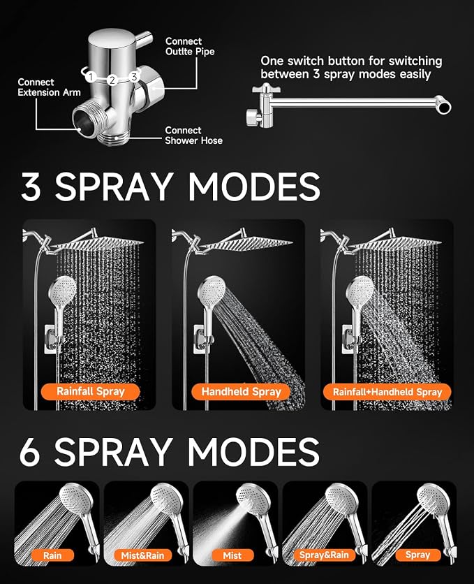 10 Inch Rainfall Shower Head with Handheld Combo and Extension Arm | Large rainfall shower head set with handheld sprayer, 11 inch adjustable arm, 59 inch hose, standard 1/2 inch wall connection