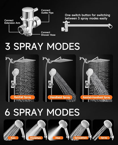 10 Inch Rainfall Shower Head with Handheld Combo and Extension Arm | Large rainfall shower head set with handheld sprayer, 11 inch adjustable arm, 59 inch hose, standard 1/2 inch wall connection