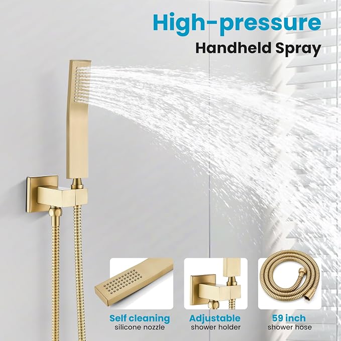 gotonovo Shower Faucet Set with Handheld Spray Brushed Gold,16'' Head | SUS304 Rainfall Shower Head and Handle Set System Fixture,Pressure Balance Valve Trim Kit,Single Handle,Wall Mount,All Metal