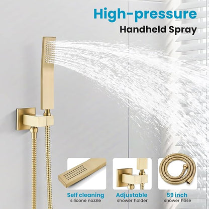 gotonovo Shower Faucet Set with Handheld Spray Brushed Gold,16'' Head | SUS304 Rainfall Shower Head and Handle Set System Fixture,Pressure Balance Valve Trim Kit,Single Handle,Wall Mount,All Metal
