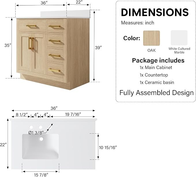 36-Inch Bathroom Vanity with Sink W/ 2 Doors & 4 Drawers & 1 Flip Drawer, Oak Vanity W/Brushed Gold Handles