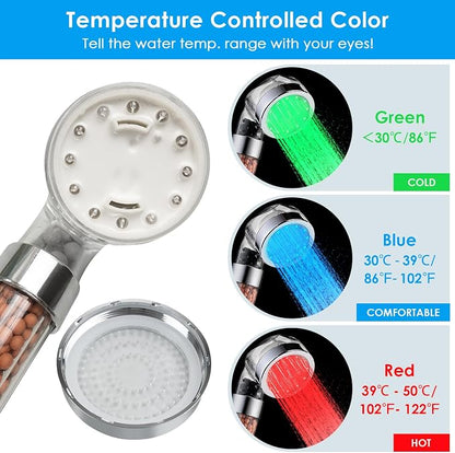 Vacto Temperature Controlled 3-color Changing Shower Head Kit, Water Saving Showerheads with Filtration Beads, LED High Pressure Handheld Shower Head Set (No Hose and Bracket)