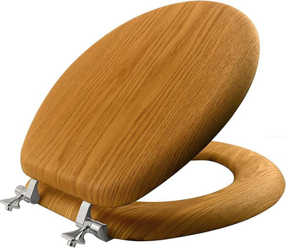 Mayfair Natural Oak Veneer Toilet Seat with Chrome Hinges, Round, Wood