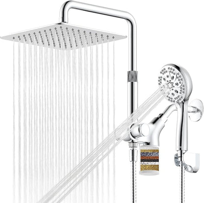 Upgraded Dual Shower Heads Combo, 10 inch Filtered Shower Head with Handheld, 3-Way Rain Shower Head with Filters, 7 Settings Handheld Spray, High Pressure, Height Adjustable (Silver)