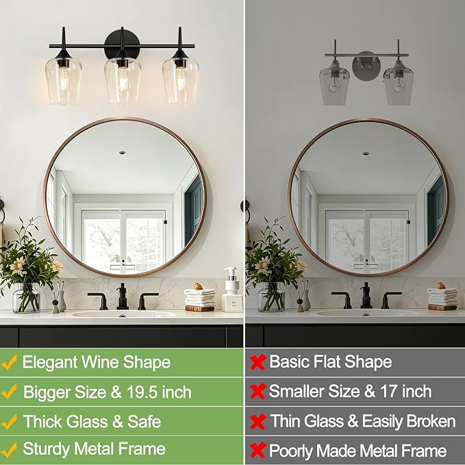 3-Light Bathroom Light Fixtures, Black Vanity Lights for Bathroom with Clear Glass, 19.5 Inch Bathroom Lighting Fixtures Over Mirror, Modern Wall lamp for Cabinet Hallway