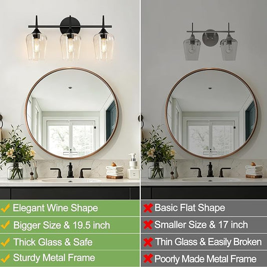3-Light Bathroom Light Fixtures, Black Vanity Lights for Bathroom with Clear Glass, 19.5 Inch Bathroom Lighting Fixtures Over Mirror, Modern Wall lamp for Cabinet Hallway