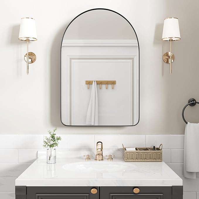 Casaphoria 36" H x 24" W Arched Wall Medicine Cabinets Mirrors, Bathroom Medicine Cabinet with Mirror, Metal Frame Wall Mirror Cabinet, Black G