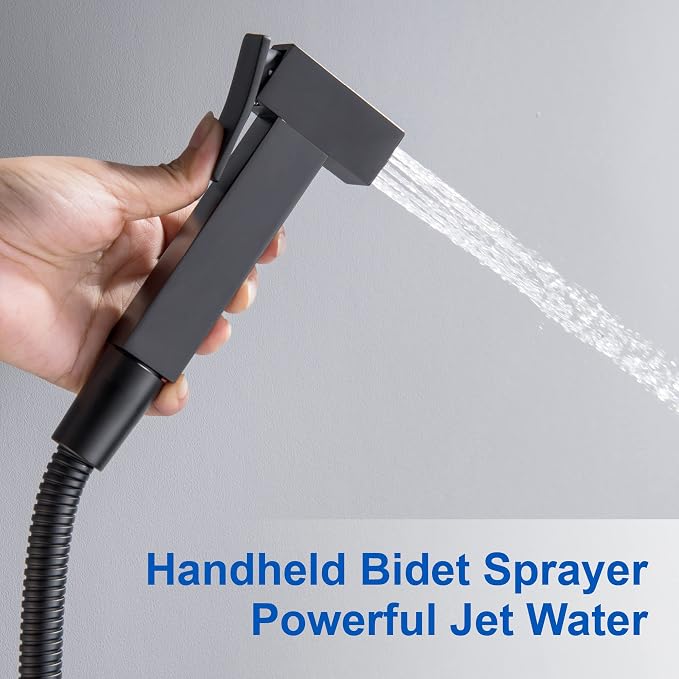 Warm Water Bidet Sprayer for Toilet with Hot and Cold Brass Rough-in Valve, Stainless Steel Handheld Bidet Attachment Set for Feminine, Pets and Baby Diaper Wash, Matte Black, BDS08-7