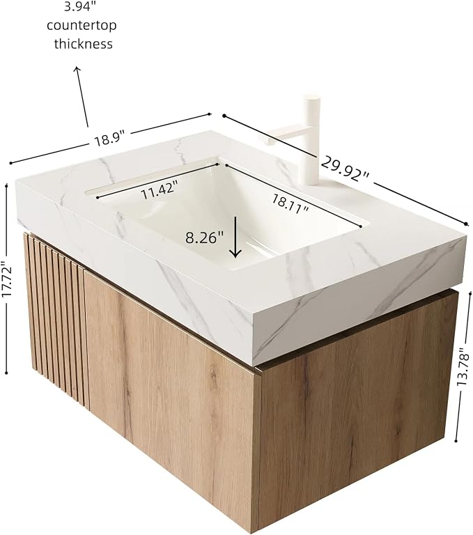 KEIKI 30 Inch Floating Bathroom Vanity with Sink, White Oak & White | Modern Wall Mounted Storage Cabinet w/ Drawer & Door, Pre-assembled Wood Panels, Sintered Stone Top & Ceramic Basin Combo Set