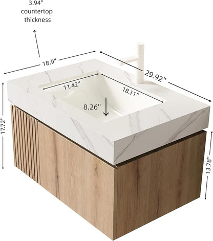 KEIKI 30 Inch Floating Bathroom Vanity with Sink, White Oak & White | Modern Wall Mounted Storage Cabinet w/ Drawer & Door, Pre-assembled Wood Panels, Sintered Stone Top & Ceramic Basin Combo Set