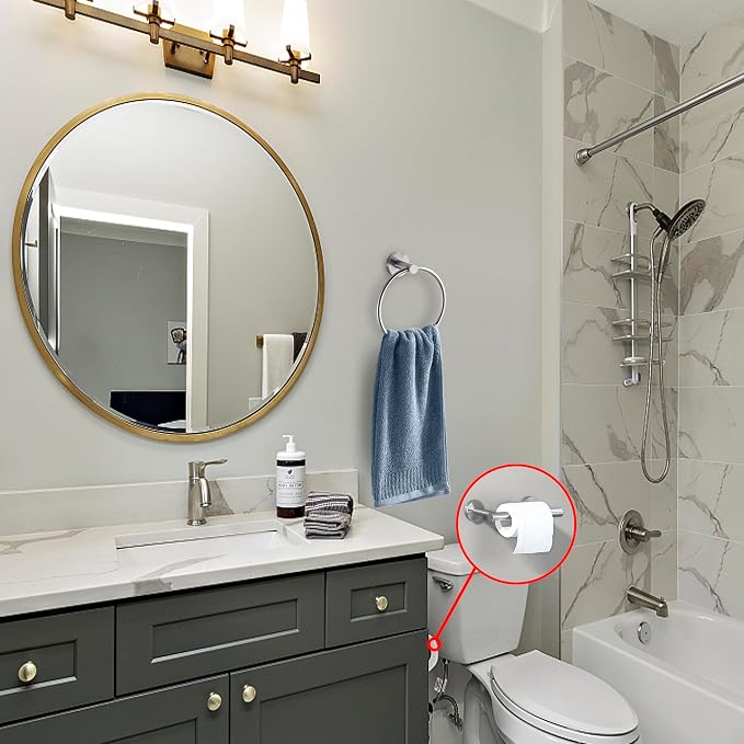 Brushed Nickel Flip Toilet Paper Holder and Hand Towel Ring Set 2 Pieces Bathroom Hardware Accessories Set SUS 304 Stainless Steel Heavy Duty Wall Mounted Bathroom Holder