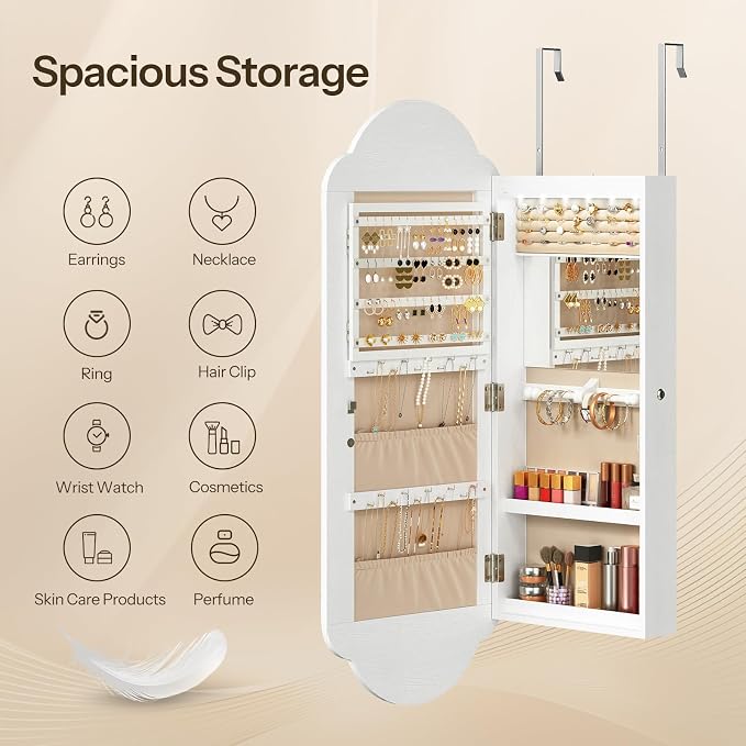 HOOBRO Jewelry Cabinet Wall/Door Mounted, LED Jewelry Organizer, Lockable | Jewelry Armoire, Hanging Jewelry Cabinet with Storage, Wide Full Length Mirror, 4.1 x 16.5 x 42.5 Inches, White