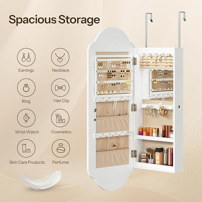 HOOBRO Jewelry Cabinet Wall/Door Mounted, LED Jewelry Organizer, Lockable | Jewelry Armoire, Hanging Jewelry Cabinet with Storage, Wide Full Length Mirror, 4.1 x 16.5 x 42.5 Inches, White