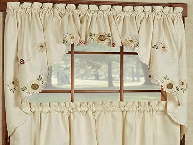 Sweet Home Collection Sunflower Cream Embroidered Kitchen Curtains Swag Pair
