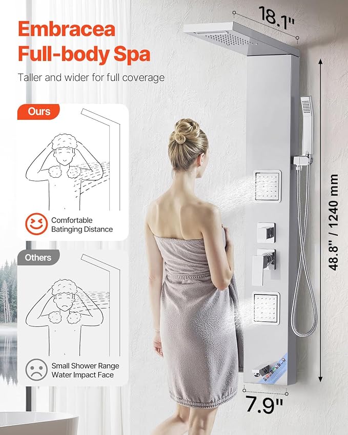VEVOR Shower Panel Tower System with Rainfall Waterfall Shower Head, 53 in Brushed Stainless Steel Shower Column, 5-Function Faucet, Wall-Mount Rain Massage System with 2 Body Jet, Handheld, Tub Spout