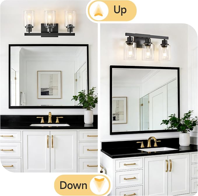 3-Light Bathroom Light Fixtures, Black Bathroom Vanity Light with Clear Glass Shade, Modern Bathroom Wall Lights Over Mirror, Farmhouse Wall Sconces Lighting for Bedroom LivingRoom