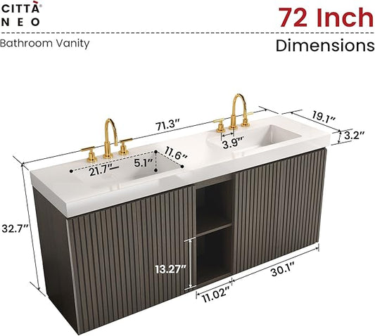 72" Bathroom Vanity with Double Sink, Freestanding Double Sink Bathroom Vanity with White Engineered Stone Top, Open Storage Cabinet & Adjustable Shelf, 4 Soft-Closing Doors, Smoked Oak Brown