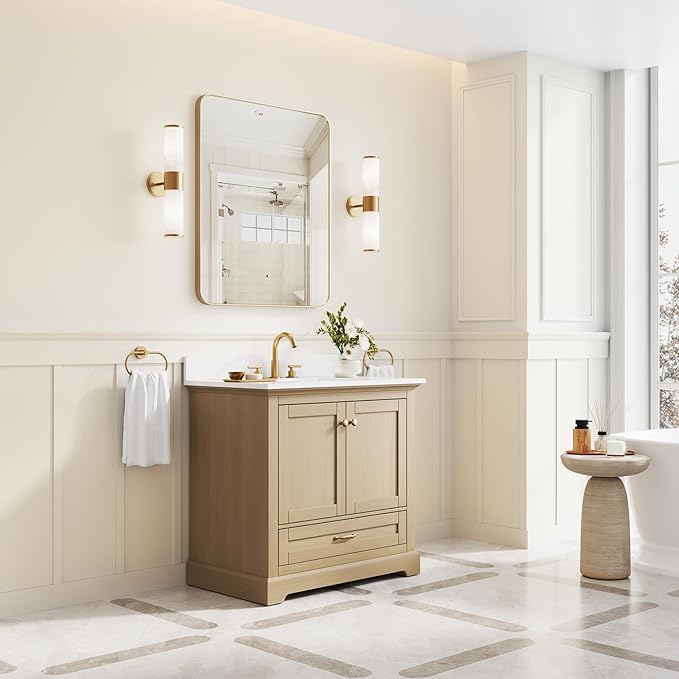 WELLFOR 36" Bathroom Vanity with Sink, Bathroom Freestanding Vanity W/ 2 Soft-Close Doors and 1 Soft-Close Drawers, Bathroom Cabinet Vanity with Cultured Marble Countertop (Oak)