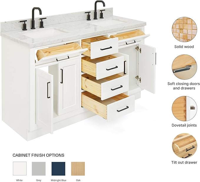 ARIEL Hepburn 60-inch Bathroom Vanity with Sink,Solid Wood, 1.5-inch Italian Carrara Marble Countertop, Double Rectangular Porcelain Sink, 4 Soft Closing Doors, 6 Dovetail Drawers, White