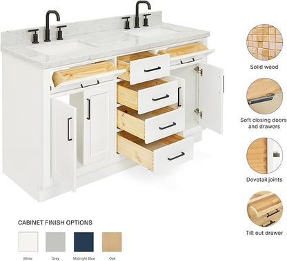 ARIEL Hepburn 60-inch Bathroom Vanity with Sink,Solid Wood, 1.5-inch Italian Carrara Marble Countertop, Double Rectangular Porcelain Sink, 4 Soft Closing Doors, 6 Dovetail Drawers, White
