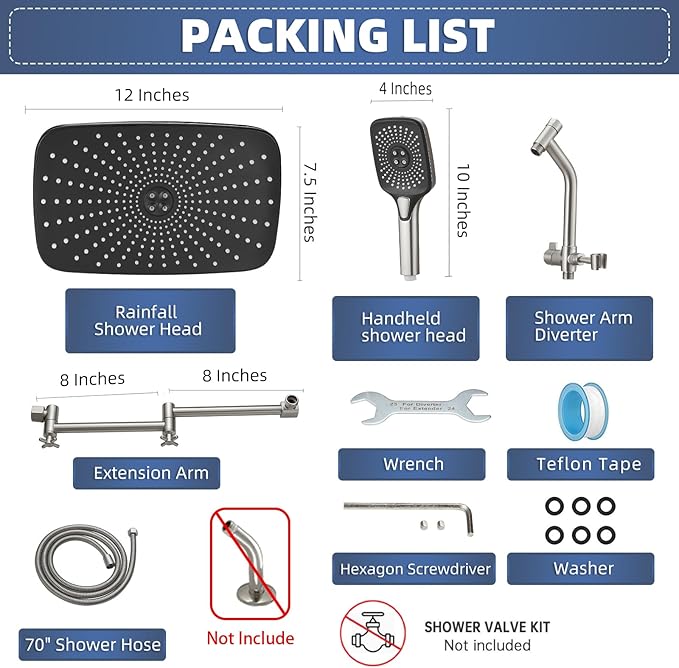 12" High Pressure Rain/Rainfall Shower Heads With Handheld Spray Combo (3+1 Settings & Built-in Power Wash Mode), Double/Dual Shower Head With Handheld - Height/Angle Adjustable(Brushed Nickel)