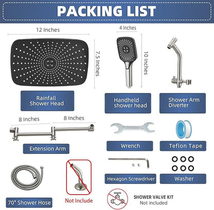 12" High Pressure Rain/Rainfall Shower Heads With Handheld Spray Combo (3+1 Settings & Built-in Power Wash Mode), Double/Dual Shower Head With Handheld - Height/Angle Adjustable(Brushed Nickel)
